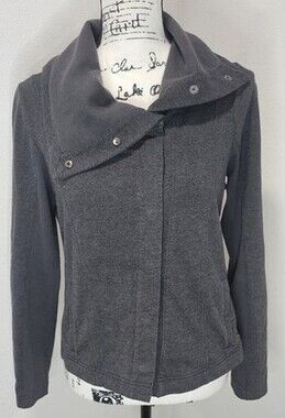 Eddie Bauer Asymmetrical Cowl Neck Cardigan Snap Up Sweater Size XS Gray